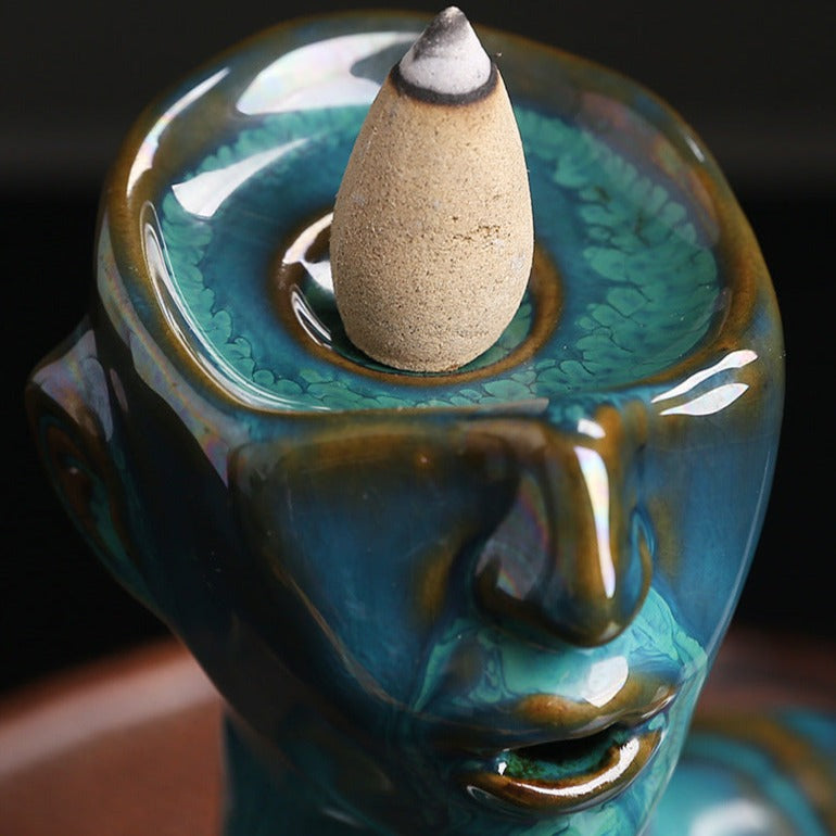 Beauty Statue Half-Head Blue Ceramic Backflow Incense Burner