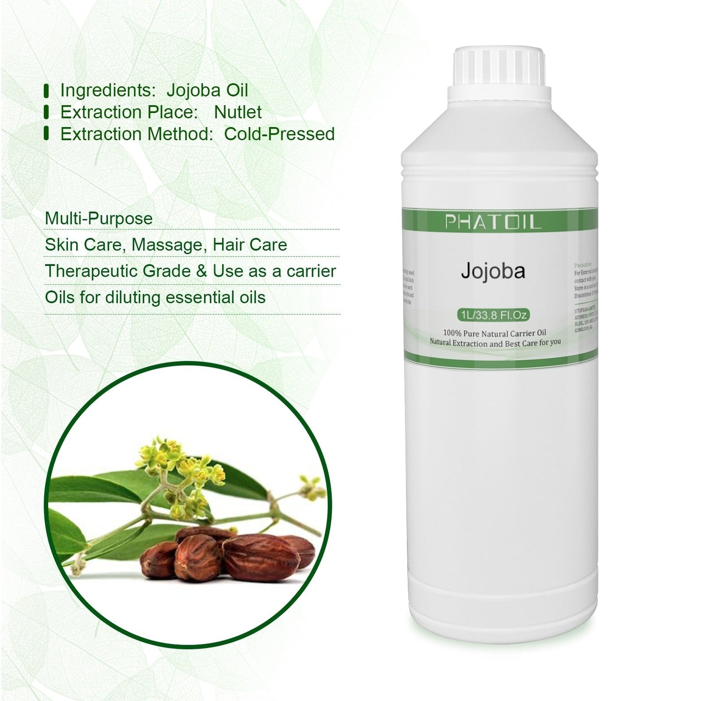 Phatoil 1000ml Carrier Oil For Dilute With Essential Oils With Two Droppers