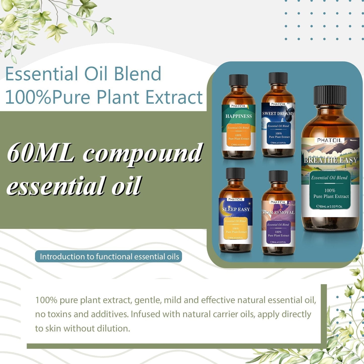 Phatoil 60ml Compound Essential Oil Pure Plant Extract With Dropper