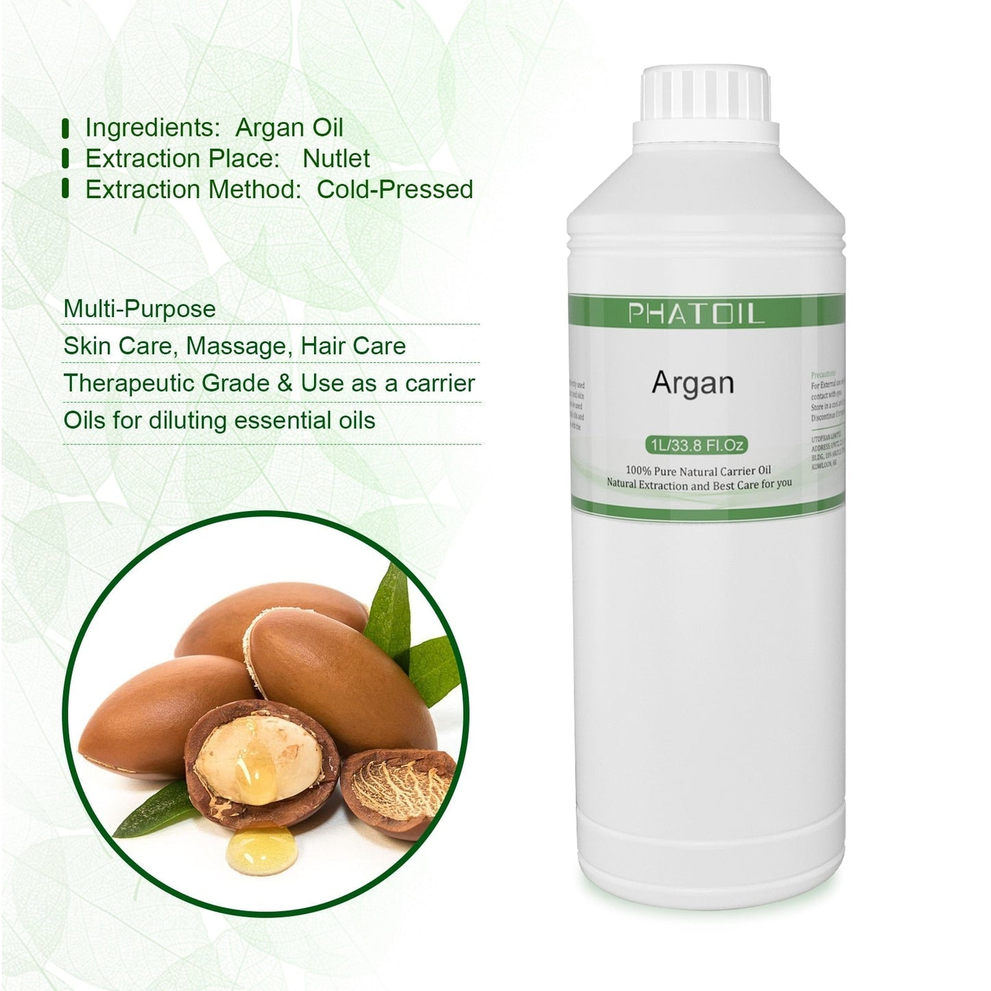 Phatoil 1000ml Carrier Oil For Dilute With Essential Oils With Two Droppers