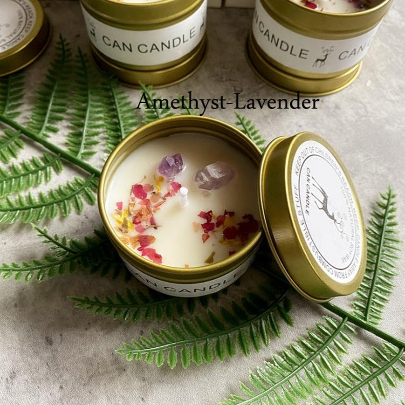 Essential Oil Scented Soy Wax Candle With Natural Rough Crystal And Dried Flowers