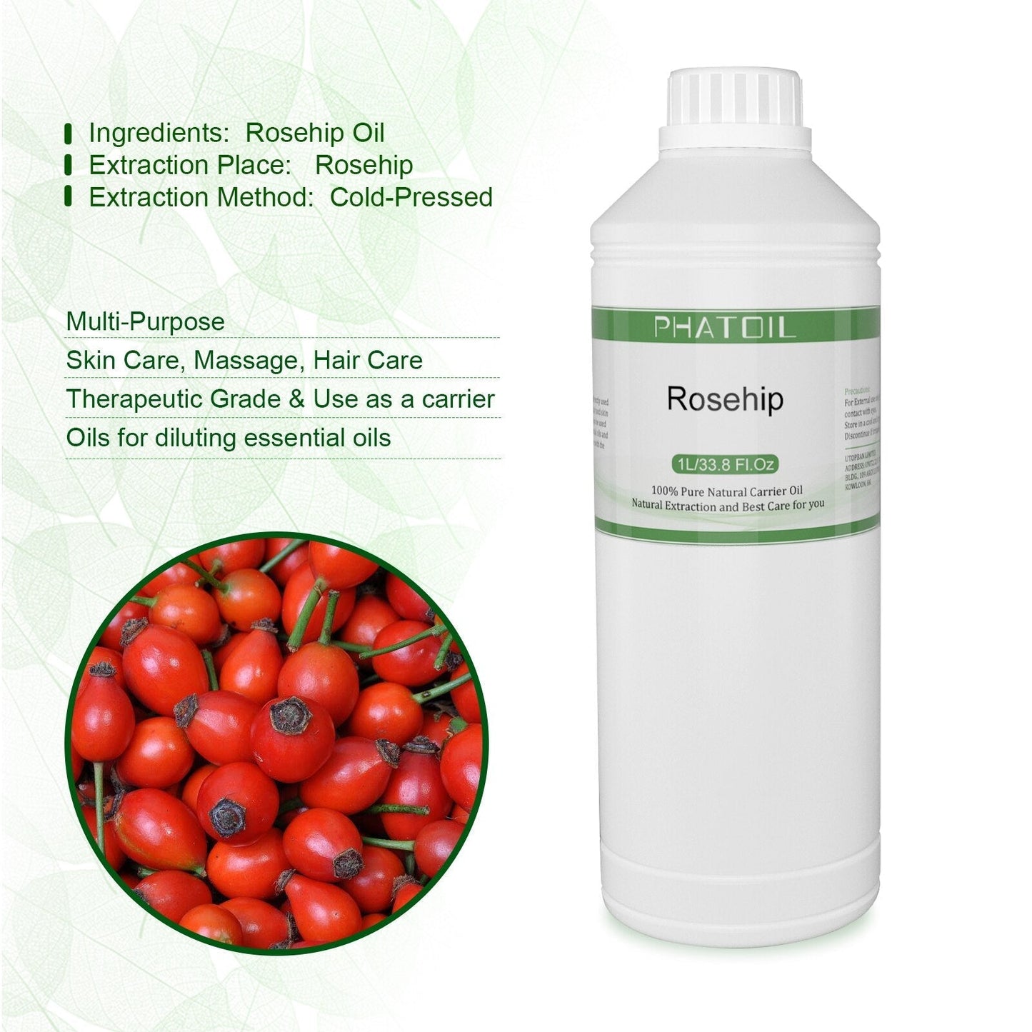 Phatoil 1000ml Carrier Oil For Dilute With Essential Oils With Two Droppers