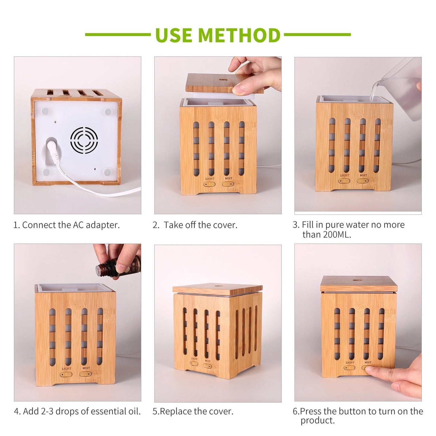 200ml Cubic Ultrasonic Bamboo Humidifier Nebulizer with 7 Color LED Lights