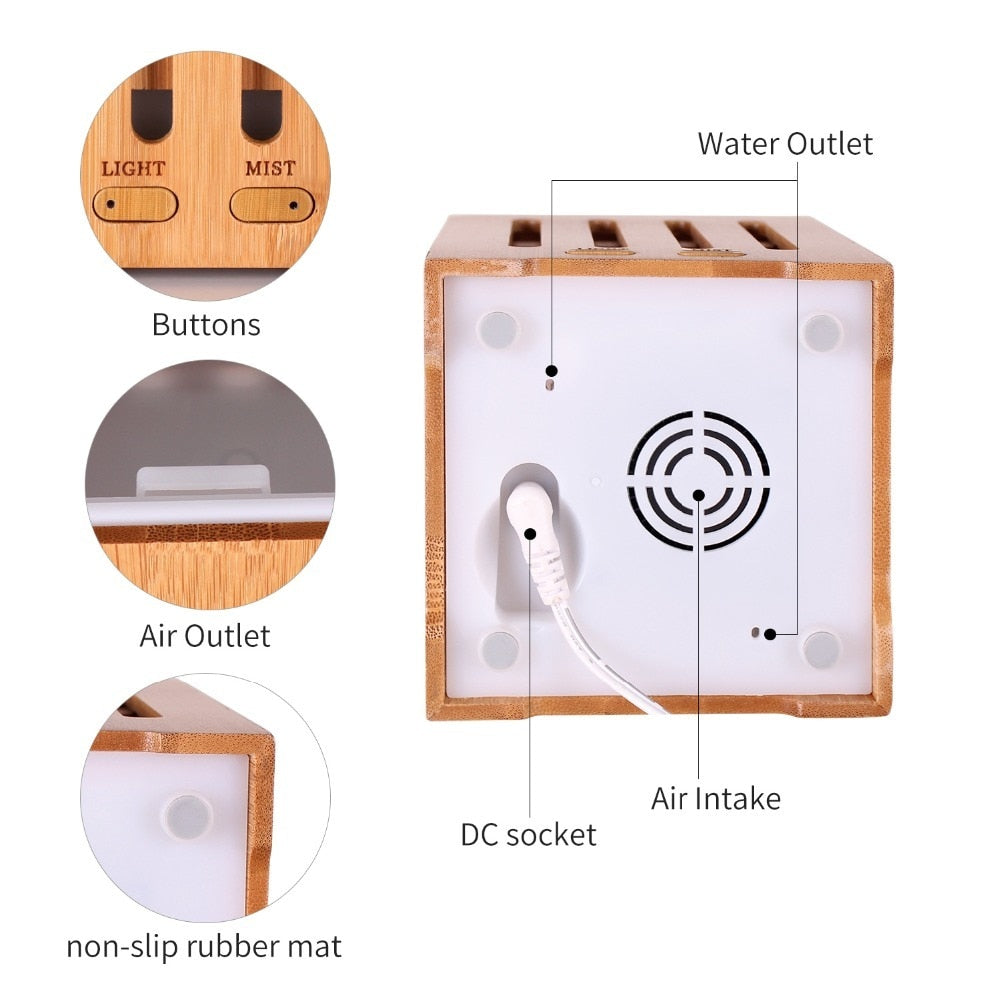 200ml Cubic Ultrasonic Bamboo Humidifier Nebulizer with 7 Color LED Lights