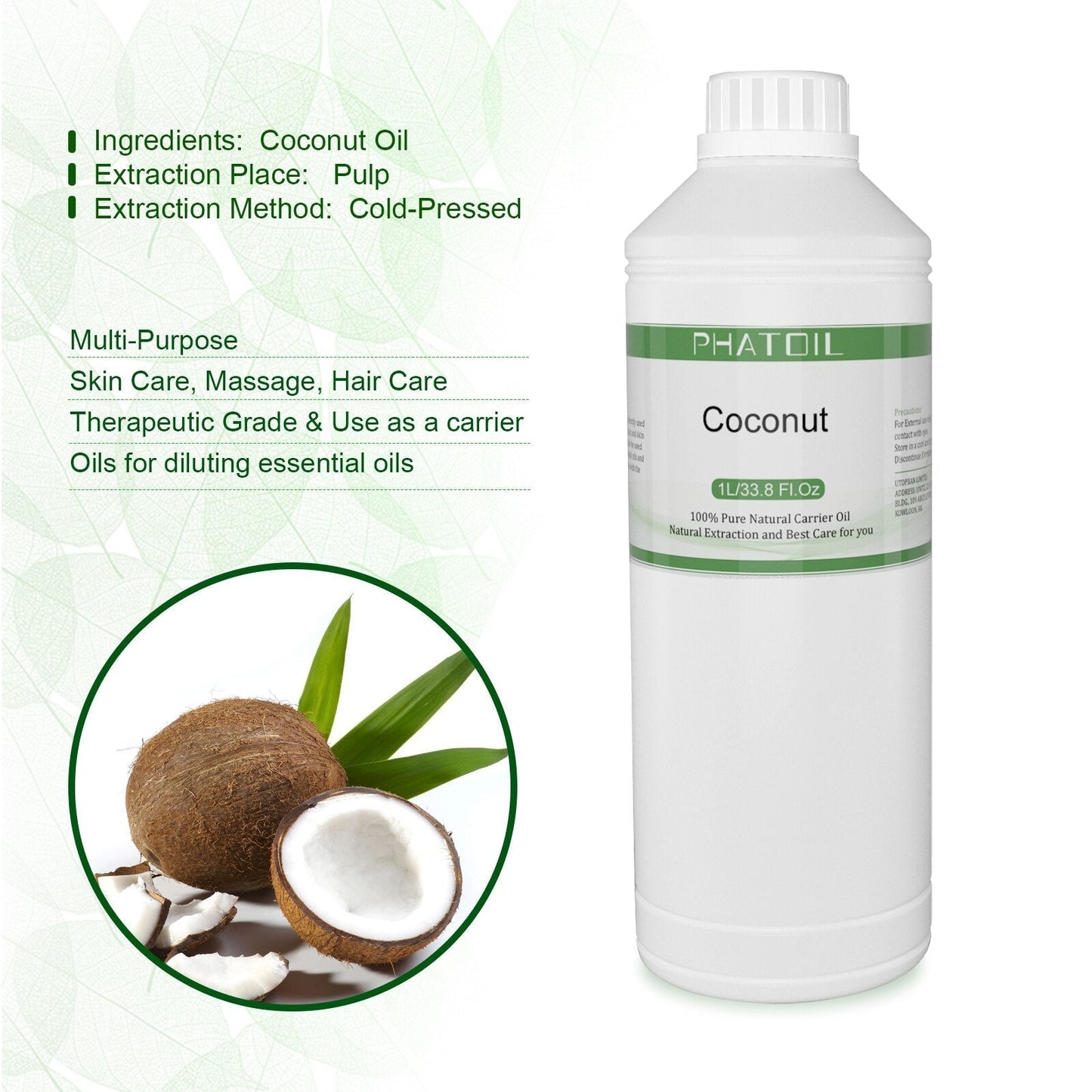 Phatoil 1000ml Carrier Oil For Dilute With Essential Oils With Two Droppers