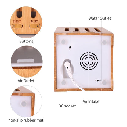 200ml Cubic Ultrasonic Bamboo Humidifier Nebulizer with 7 Color LED Lights